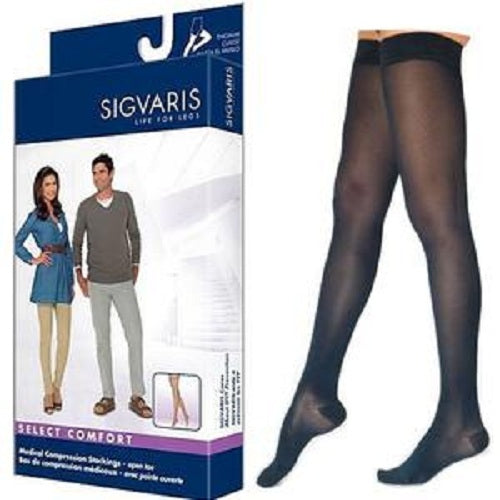 Sigvaris Select Compression Stocking Thigh-High Closed Toe with Grip-Top, 20 to 30 mmHg, Large, Short, Black