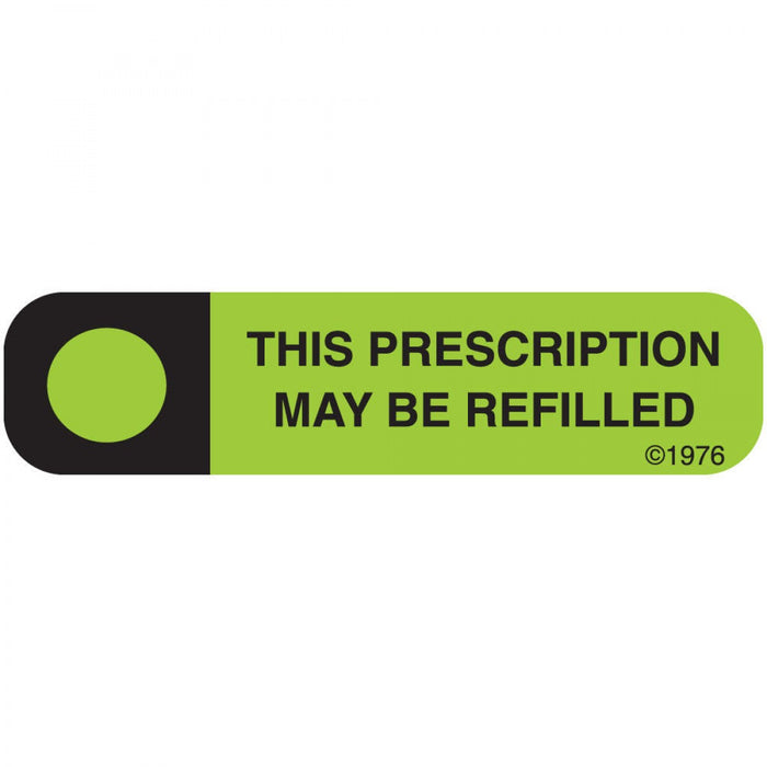 Label Paper Permanent Rx May Be Refilled 1 9/16" X 3/8" Green 500 Per Roll, 2 Rolls Per Box