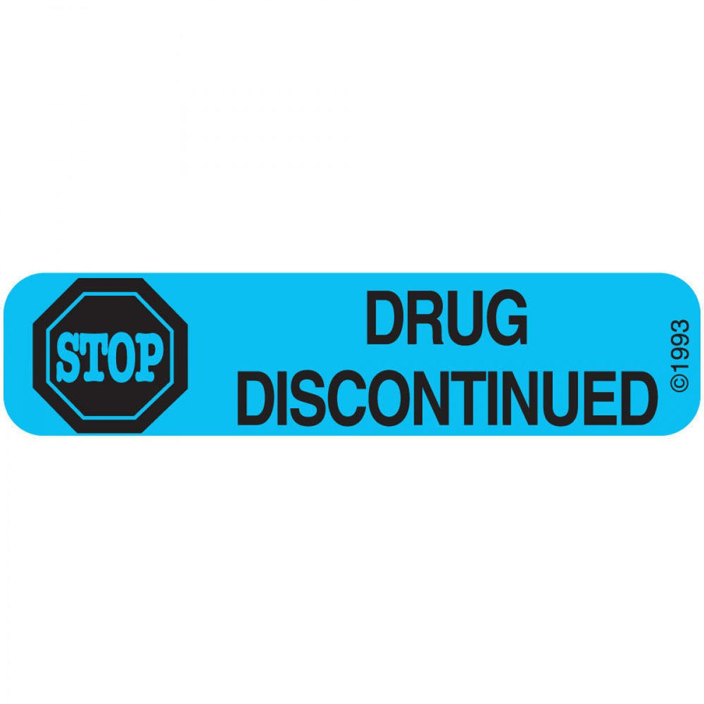 Label Paper Permanent Drug Discontinued 1 9/16" X 3/8" Blue 500 Per Roll, 2 Rolls Per Box