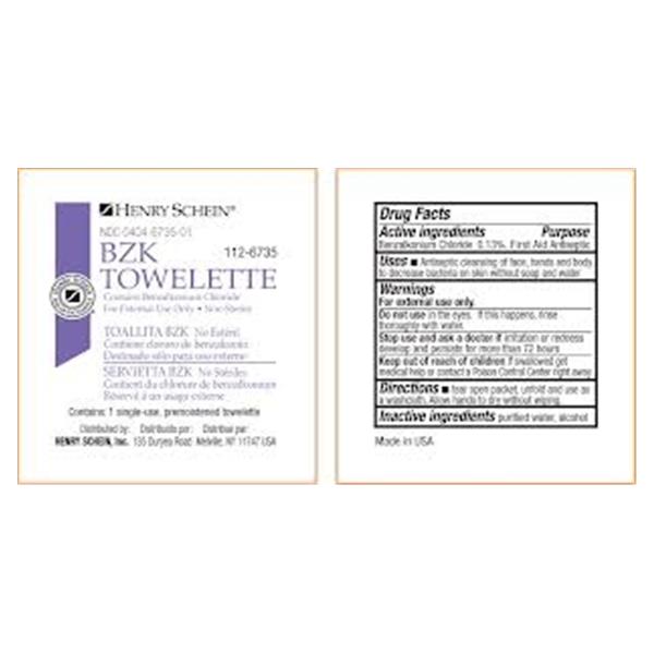 Henry Schein  Towelette Antiseptic BZK .13% BKZ Indv2 Pkgng 100/Bx, 20 BX/CA (1126735)