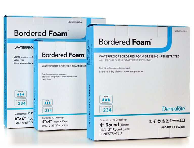 Dermarite Bordered Foam Waterproof Dressings - Hydrophilic Waterproof Foam Dressing, 4" x 4" - 00298E