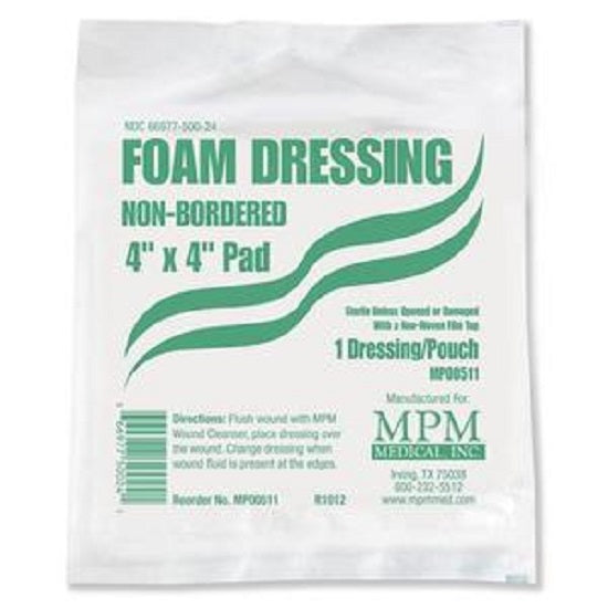 MPM Medical Non-bordered Foam Dressing 4" x 4" Square with Water-proof Top Layer