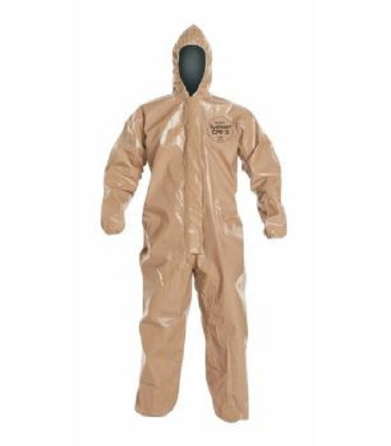 DuPont Tychem 5000 Coveralls with Attached Gloves - Tychem 5000 Zipper Front Coverall with Hood, Elastic Wrist and Ankle, Storm Flap, Tan, Size M, Bulk Packed - C3127TTNMD000600