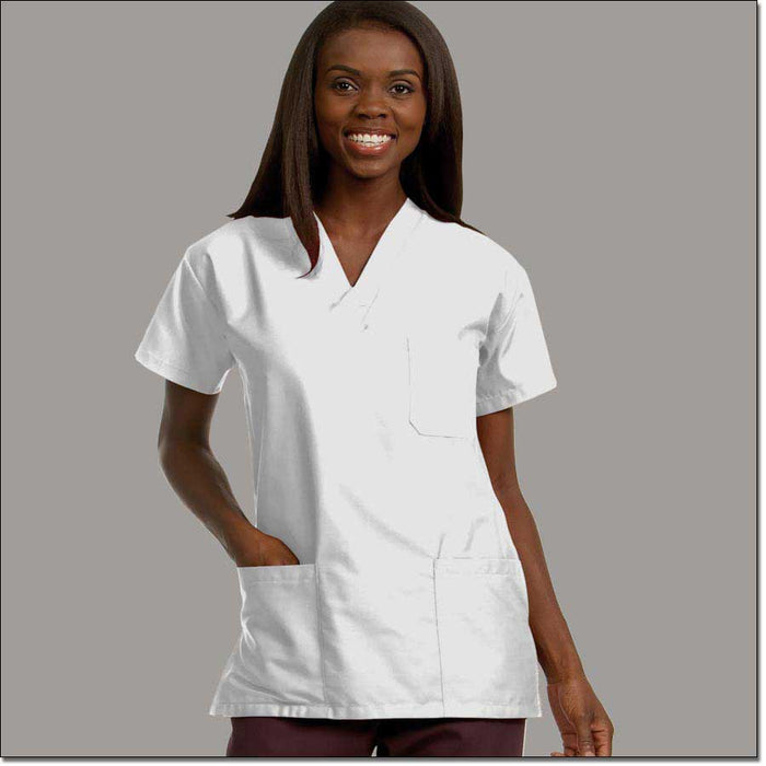 Fashion Seal Healthcare Unisex Fashion Poplin V-Neck 3-Pocket Scrub Shirt - White