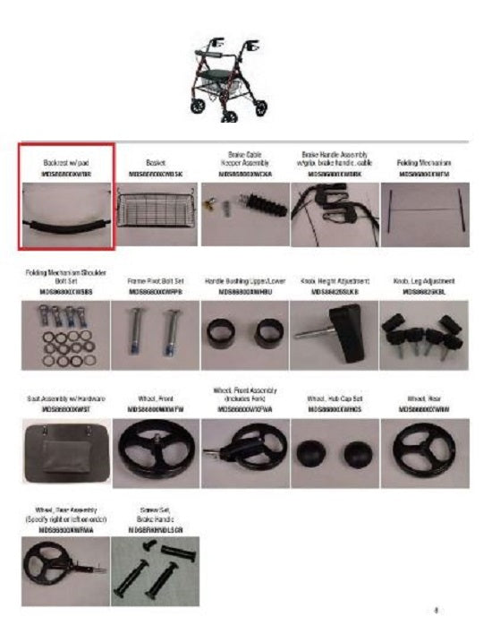 Medline Rollator Replacement Parts - Backrest for Rollator - MDS86800XWBR