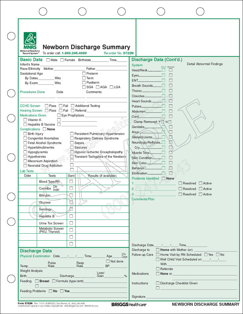 Brigg Newborn Discharge Summary Form - Newborn Discharge Summary - 5722N