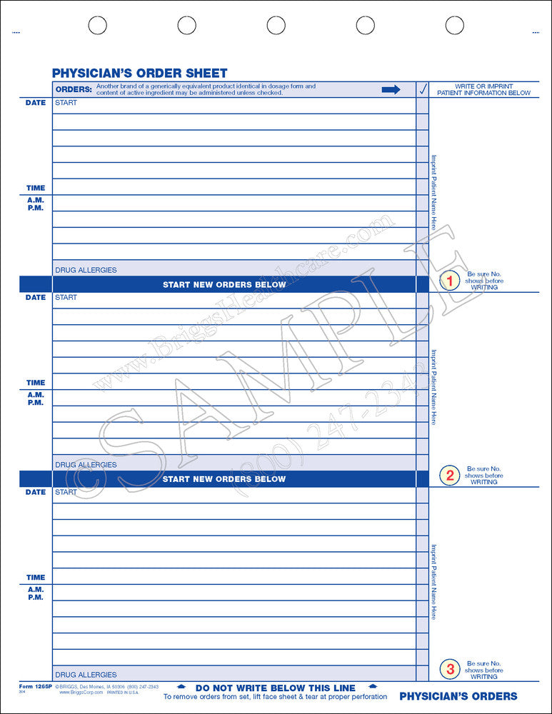 Briggs Healthcare Physicians Orders Four-Part Form - Physicians Orders NCR 4-Part Punched Form - 1265P