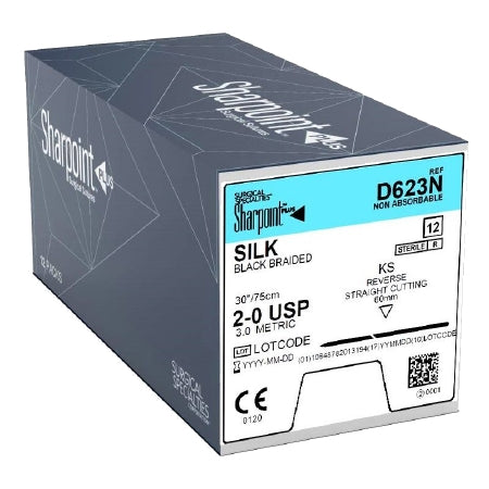 Surgical Specialties Black Braided Silk Sutures - Black Silk Braided Suture with GS-60 Needle, 18" Long, Size 2-0 - D623N