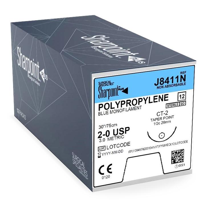 Surgical Specialties Blue Monofilament Polypropylene Sutures - SUTURE, POLYPROPYLENE 2-0, BLUE, 1X36", SH - J8523D