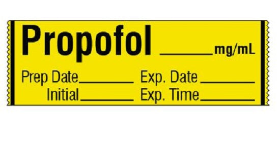 Shamrock Scientific Medication / Drug Labels - Anesthesia Drug Label for Syringe Identification, Propofol, Exp, Date, Time, 1/2" x 2", Yellow - SA-205-EXP