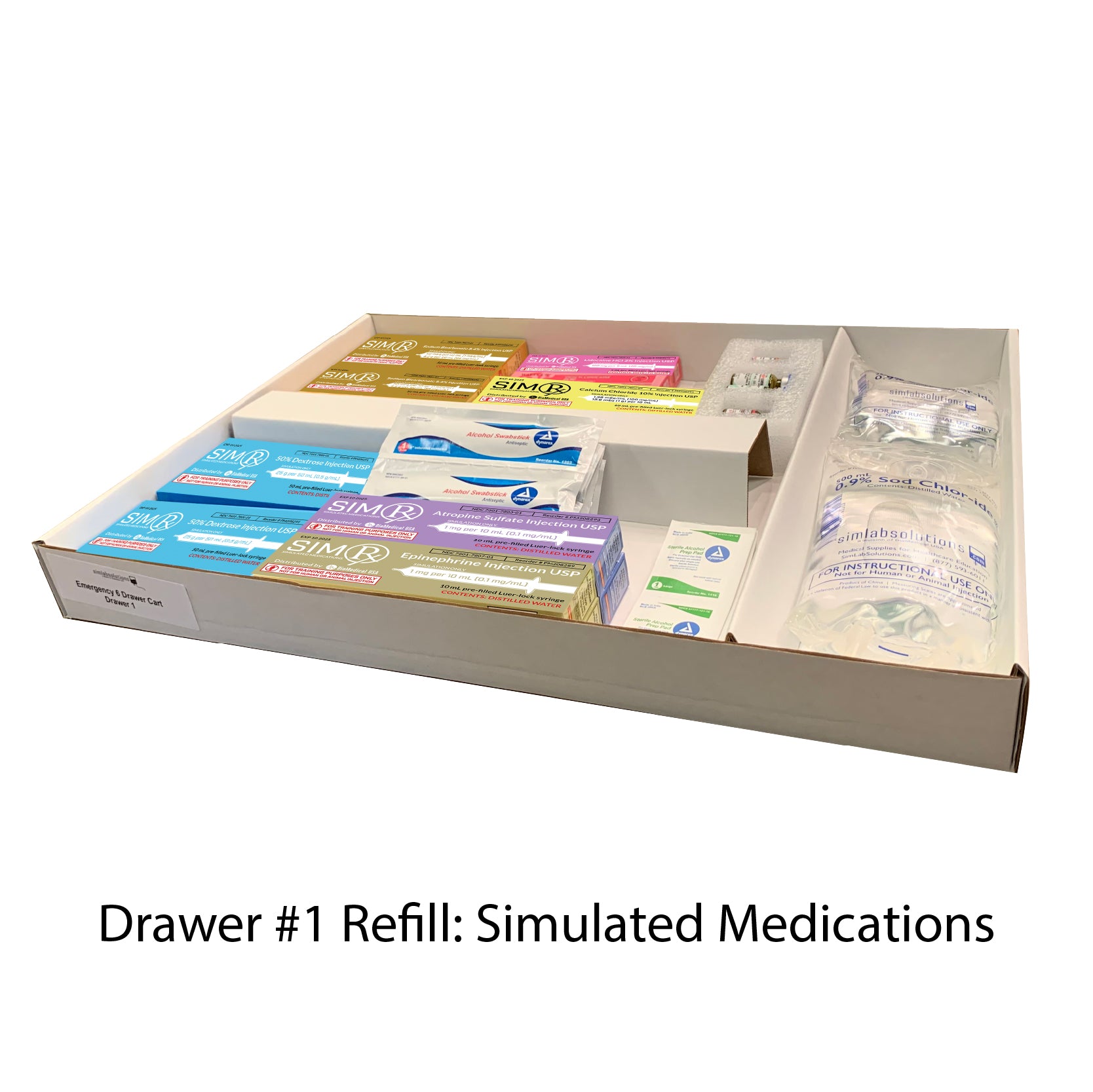 Diamedical Usa Equipment LLC Loaded Crash Cart and Drawer Kits for Educational Use - 5-Drawer Emergency Crash Cart Refill Kit for Educational Use Only, Drawer 1, Simulated Medications - LC027901