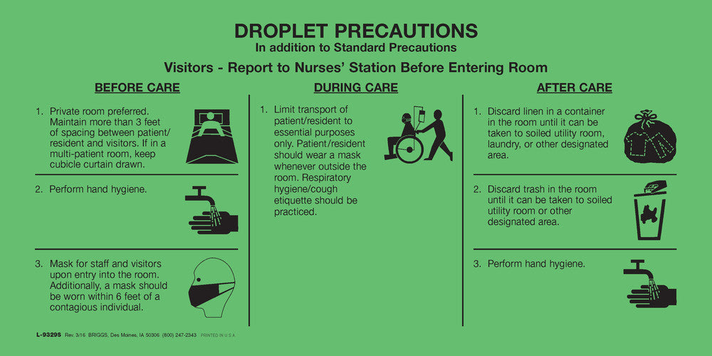 Briggs Droplet Precaution Labels - Droplet Precautions Labels, Fluorescent Orange, 10" x 5" - L-9329S