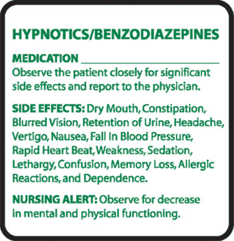 Briggs Preprinted "Hypnotics / Benzodiazepines" Drug Labels - Chemical Restraint Preprinted "Hypnotics / Benzodiazepines" Drug Label, 2" x 1-15/16", Green Ink, 250/Dispenser Box - L-2994