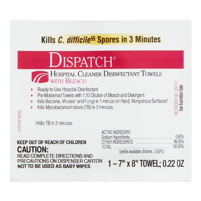 Clorox Dispatch Hospital Disinfectant Towels with Bleach - Dispatch Bleach Wipes, Individual, 7" x 8" - 69260