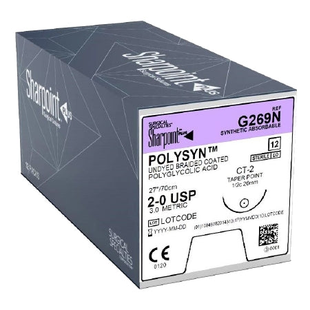 Surgical Specialities Violet Braided Polyglycolic Acid Suture - Polyglycolic Acid Suture, Undyed, Size 2-0, 27", Taper Point Needle - G269N