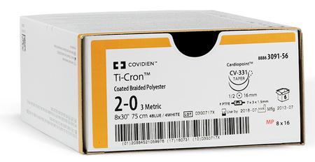 Medtronic Ti-Cron Polyester Sutures - Ti-Cron Suture, Blue, Size 2, 1 x 30", Reverse Cutting Needle - 88863155-81