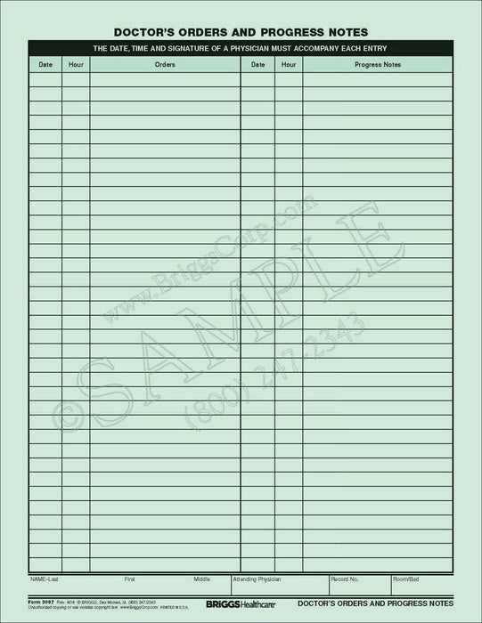 Bri Doctors Orders&Progress Notes Form - Doctors Order and Progress Note Form, Green, 8.5" x 11" - 3097