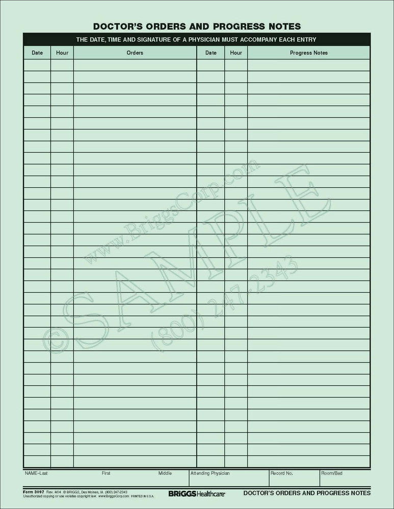 Bri Doctors Orders&Progress Notes Form - Doctors Order and Progress Note Form, Green, 8.5" x 11" - 3097