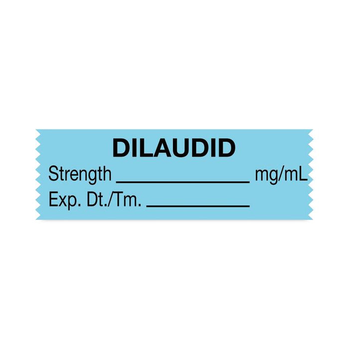 United Ad Label Co. Drug Tape / Labels - Dilaudid Label Tape, Strength (mg / mL), Expiration Date / Time, Light Blue, 1-1/2" x 1/2", Removable, 500"/Roll - ULTA215