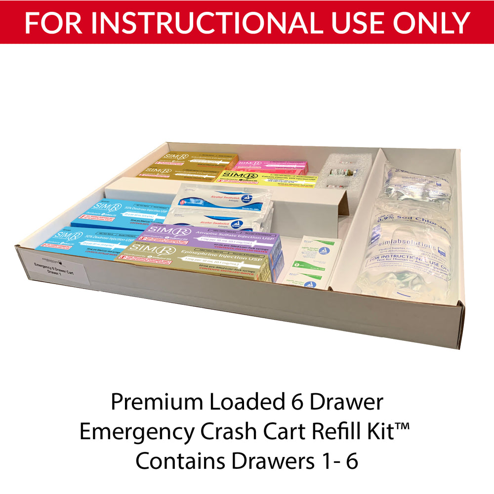 Diamedical Usa Equipment LLC Loaded Crash Cart and Drawer Kits for Educational Use - 6-Drawer Emergency Crash Cart Refill Kit for Educational Use Only, Includes 6 Loaded Drawers - LC037931