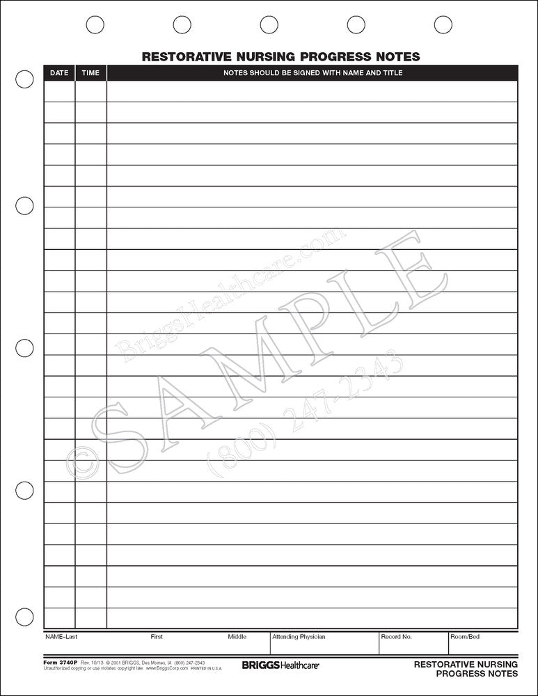 Briggs Corp Restorative Nurses Progress Notes Form - Restorative Nurses Form, Progress Notes - 3740P