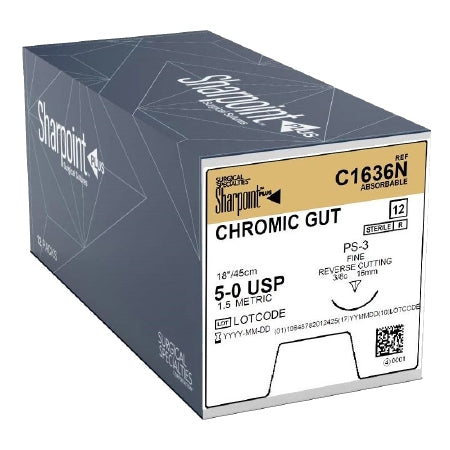 Surgical Specialties Black Nylon Mono Suture - Chromic Gut Suture with 16 mm 3/8 Circle PS-3 Fine Reverse Cutting Needle, 18" Long, Size 5-0 - C1636N