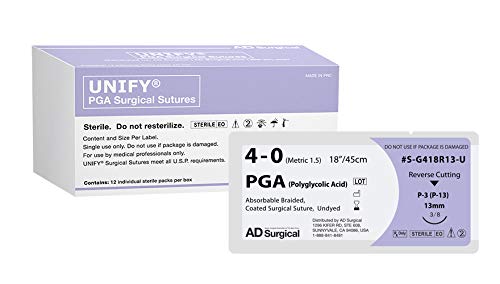 AD Surgical Absorbable PGA Undyed Suture - Unify PGA 18" Undyed Braided Suture with 13 mm P-3 Reverse Cutting Needle, Size 4-0 - S-G418R13-U