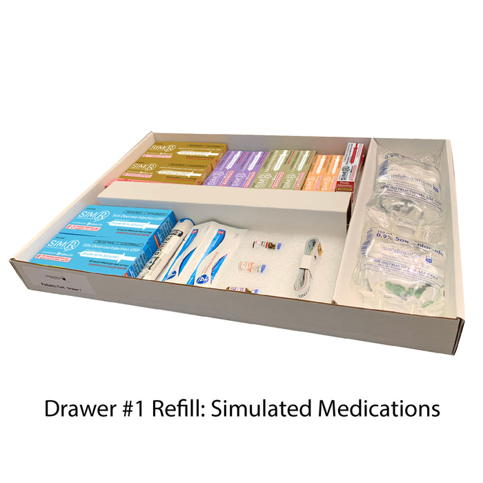 Diamedical Usa Equipment LLC Loaded Crash Cart and Drawer Kits for Educational Use - Pediatric Crash Cart Refill Kit for Educational Use Only, Drawer 1 (Gray), Simulated Medications - LC017901