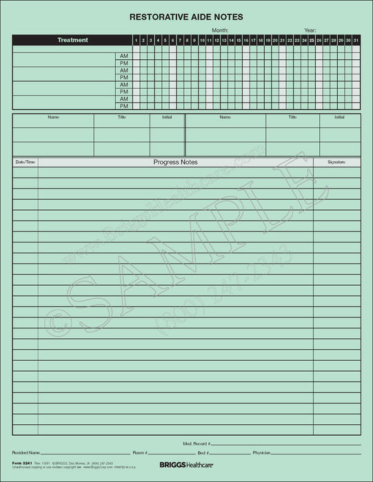 Briggs Corp Restorative Aide Notes Form - Restorative Aide Form, Notes - 3241