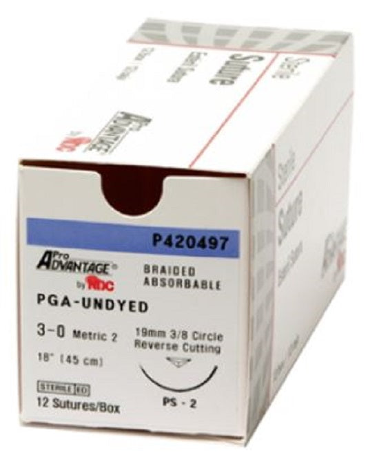 Pro Advanatge Braided Polyglycolic Acid (PGA) Sutures - Braided Undyed Polyglycolic Acid Suture, Size 3-0, 18", with PS-2 Needle - P420497