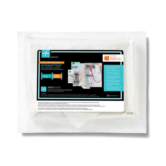 Medline Total 1-Layer Intermittent Catheter Tray - ERASE CAUTI Intermittent Catheter Trays with Pre-Connected Poly Catheter, 14 Fr - URO4POLYPC14