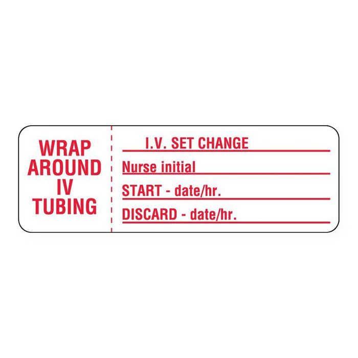 United Ad Label IV Set Change Labels - IV Set Change Labels with Initial / Start Date / Discard Date, White with Red Lettering, 3" x 1" - ULCU12008