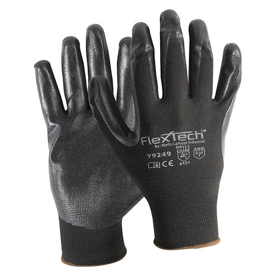 Wells Lamont FlexTech Y9249 Black Foam Nitrile Gloves - Nitrile Glove, Nylon, Foam Palm, Black, Size M - Y9249M