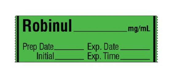 Shamrock Scientific Medication / Drug Labels - Anesthesia Drug Label for Syringe Identification, Robinul, Exp, Date, Time, 1/2" x 500" - SA-312-EXP