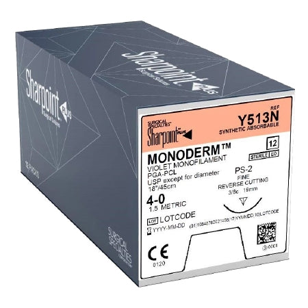 Surgical Specialities Violet Braided Polyglycolic Acid Suture - Monoderm Suture, Violet Monofilament, Size 4-0, 18", 19 mm, Reverse Cutting Needle - Y513N