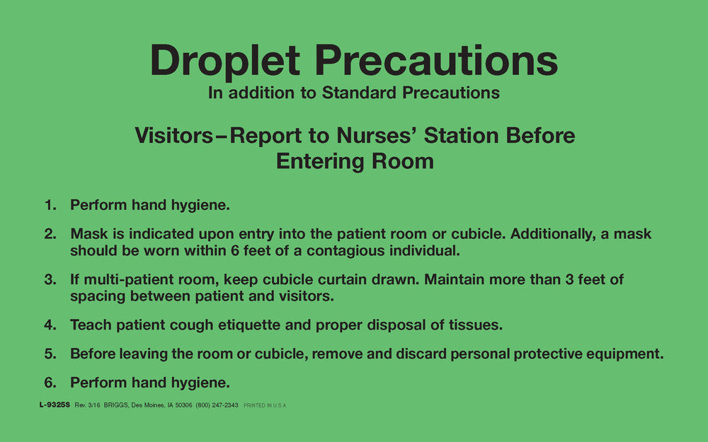 Briggs Droplet Precaution Labels - Droplet Precautions Labels, Fluorescent Orange, 8" x 5" - L-9325S