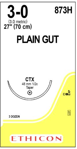 Ethicon Taper Point Plain Gut Absorbable Sutures - Taper Point Plain Gut Absorbable Suture, Size 3-0, 27", CTX Needle - 873H