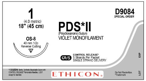 Ethicon D-Special Sutures - D-Special PDS II Suture, Violet Monofilament, Size 1, 5" x 18", with OS-8 Needle - D9084