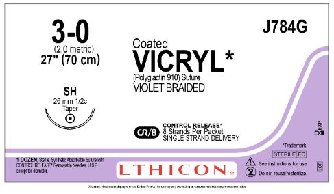 Ethicon Coated Vicryl (polyglactin 910) Suture b - SUTURE, 3/0 8-27 CTD VIC VIO BR S, VA - J784G