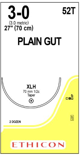 Ethicon Taper Point Plain Gut Absorbable Sutures - Taper Point Plain Gut Absorbable Suture, Size 3-0, 27", XLH Needle - 52T