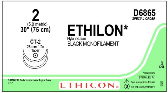 Ethicon Ethilon Sutures - Ethilon Suture, Black Monofilament, Size 2, 30", Double Arm, CT Needle - D6865