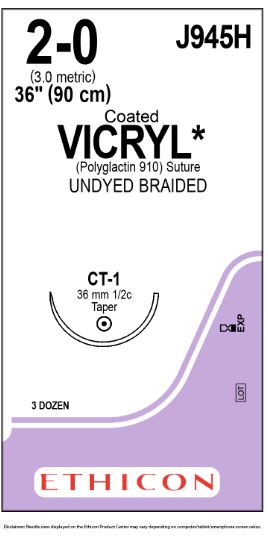 Ethicon Coated Vicryl (polyglactin 910) Suture b - SUTURE, 2/0 36 CTD VIC UND BR CT-, VA - J945H