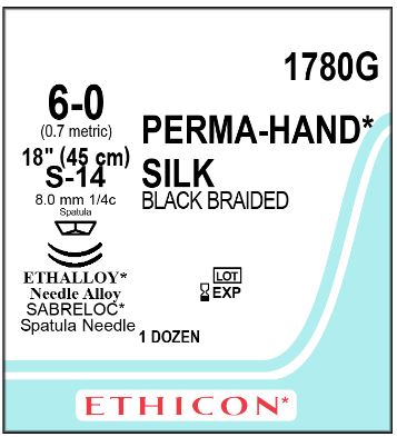 Ethicon Sabreloc Spatula Perma-Hand Non-Absorbable Sutures - Perma-Hand Suture, Black, Size 6-0, 18", S-14 Needle - 1780G