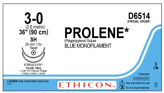 Ethicon Prolene Sutures - Prolene Monofilament Suture, 3-0, 36" - D6514