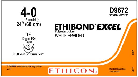 Ethicon Taper Point Ethibond Excel Suture - Ethibond Excel Suture, Braided, TF, Double-Armed, Size 4/0, White, 24" - D9672