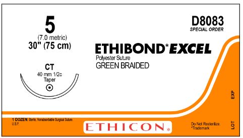 Ethicon Ethibond Green Braided Needled Sutures - Ethibond Excel Polyester Suture, Size 5, 30"L, Green, Braided, Taper Point Needle CT, Special Order - D8083