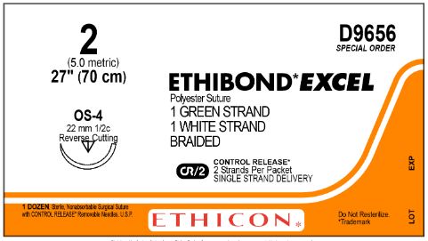 Ethicon Ethibond Excel Polyester Sutures - Ethibond Excel Polyester Suture, Green / White Braided, Size 2, 2 x 27", OS-4 Needle - ET D9656