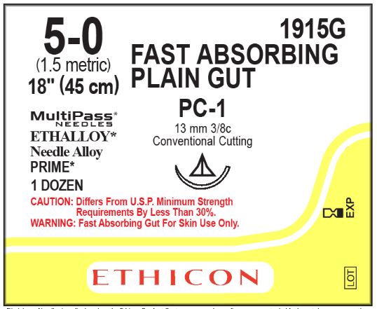 Ethicon Fast Absorbing Surgical Gut Suture - SUTURE, 5/0 18 PL FST ABS GUT PC-, VA - 1915G