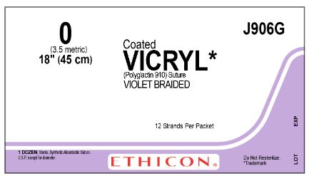 Ethicon Coated Vicryl (polyglactin 910) Suture b - SUTURE, VICRYL, 0, 6X18, VIOLET, TIES, 45CM, VA - J906G