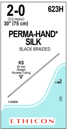 Ethicon Straight Cutting Perma-Hand Nonabsorbable Sutures - Perma-Hand Suture, Black, Size 2-0, 30", KS Needle - 623H